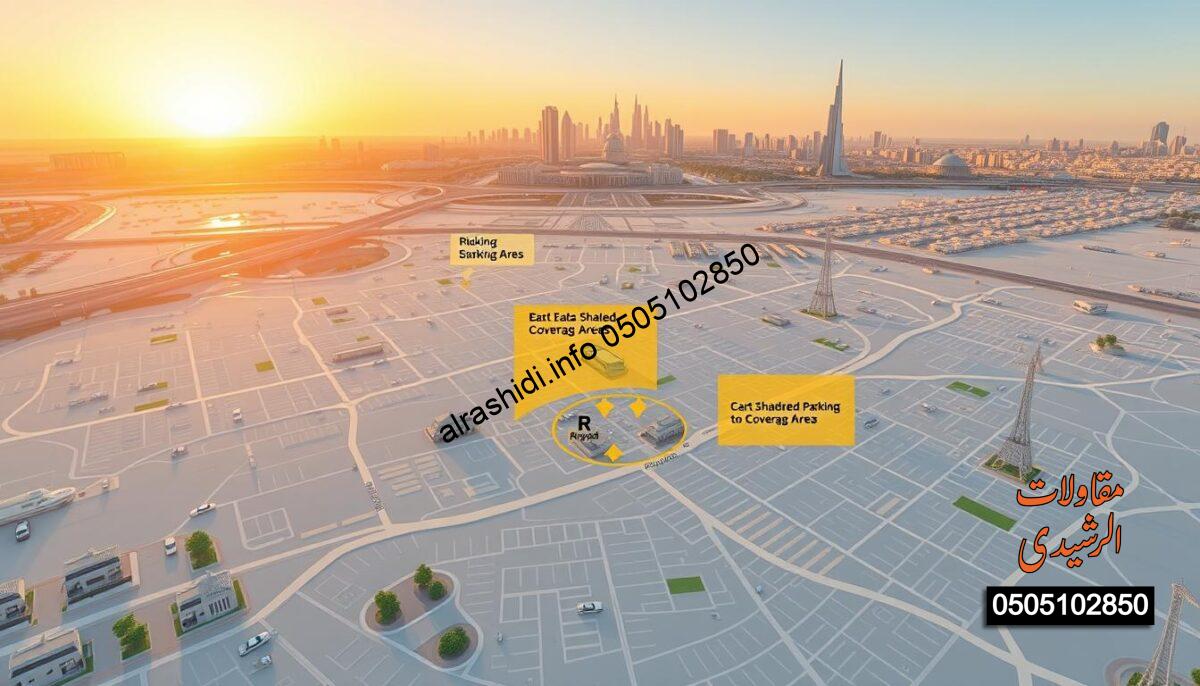 A detailed map illustration of Riyadh showcasing various shaded parking areas, highlighting regions with the best offers on car canopies. In the foreground, include prominent landmarks and residential zones, marked with shaded overlays to indicate coverage areas. The middle ground should feature a network of streets and neighborhoods, clearly delineating zones of significance for car shade installations. The background presents a skyline of Riyadh with a sunset casting warm golden light, enhancing a sense of accessibility and community. Use a wide-angle perspective to capture the expansive urban environment. The mood should be informative yet inviting, emphasizing safety and convenience for car owners in the city.