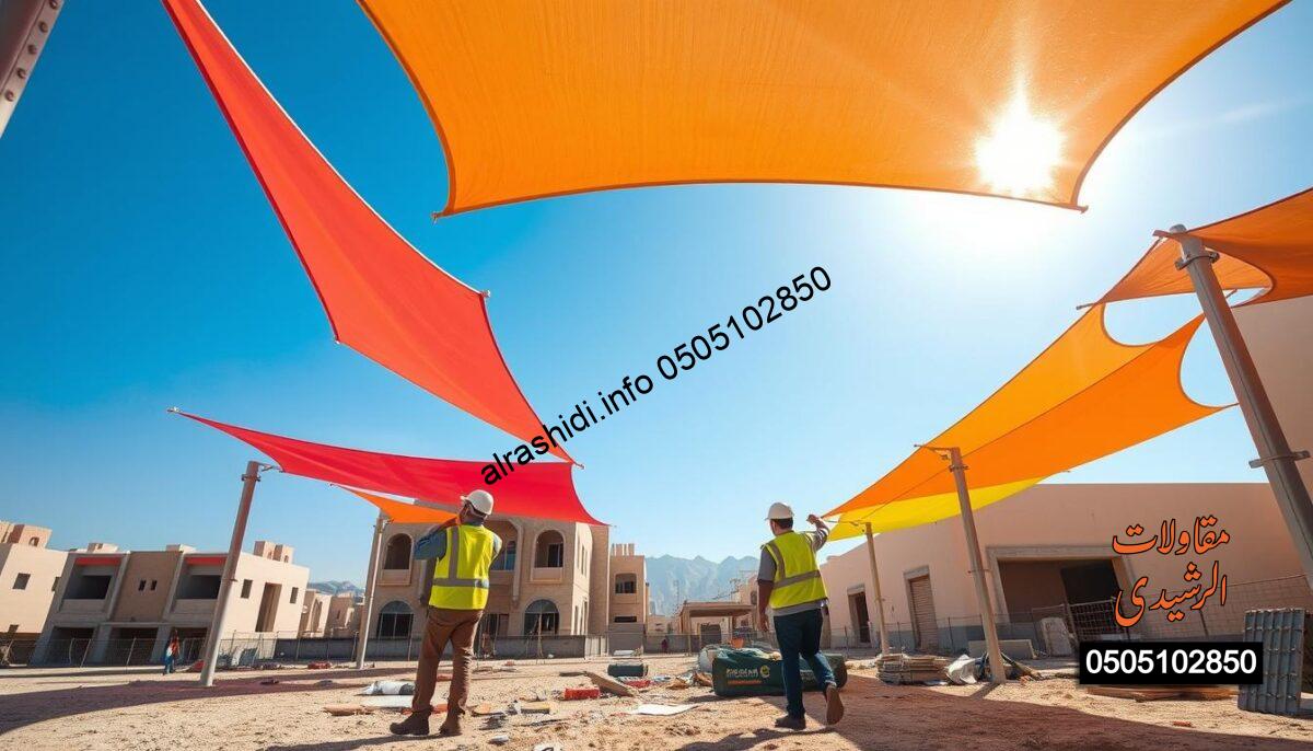 A detailed scene depicting the installation of fabric and shade canopies in a construction project located in southern Riyadh. In the foreground, skilled workers, dressed in professional safety attire, are methodically setting up colorful fabric shade structures that provide protection from the sun. The middle ground features partially finished buildings, indicating an active construction site, with tools and materials scattered around. In the background, the distinctive architecture of southern Riyadh is visible, showcasing a blend of modern and traditional styles under a bright blue sky. The lighting is warm and vibrant, as if it’s mid-afternoon, casting soft shadows that highlight the textures of the fabrics and surroundings. The mood is industrious and optimistic, reflecting the importance of shade structures in enhancing comfort and usability in the area.