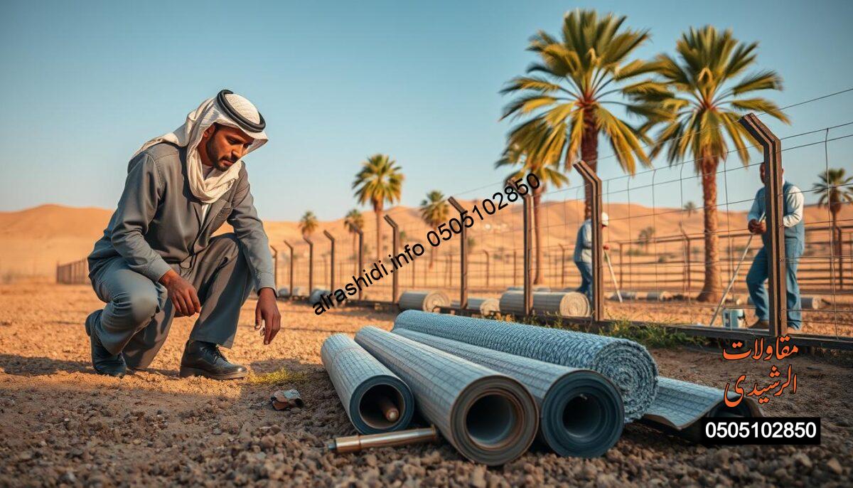 A detailed scene depicting the installation of various types of fencing (شبوك) in a farm in East Riyadh. In the foreground, a professional worker in modest casual clothing is carefully measuring and marking the ground for the fencing installation. In the middle ground, rolls of fencing material and tools are neatly arranged near the worksite, while another worker is seen using tools to assemble the fence. The background features a traditional Saudi farm landscape with palm trees and a clear blue sky, showcasing the region's distinctive topography. The lighting is warm and natural, suggesting an early morning setting, with soft shadows enhancing the textures of the materials. The mood conveys professionalism and dedication to quality craftsmanship. A detailed scene depicting the installation of various types of fencing (شبوك) in a farm in East Riyadh. In the foreground, a professional worker in modest casual clothing is carefully measuring and marking the ground for the fencing installation. In the middle ground, rolls of fencing material and tools are neatly arranged near the worksite, while another worker is seen using tools to assemble the fence. The background features a traditional Saudi farm landscape with palm trees and a clear blue sky, showcasing the region's distinctive topography. The lighting is warm and natural, suggesting an early morning setting, with soft shadows enhancing the textures of the materials. The mood conveys professionalism and dedication to quality craftsmanship.