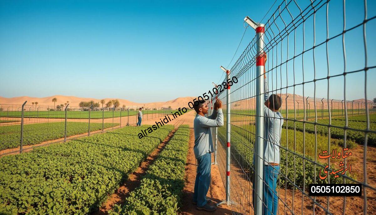 A detailed scene of sturdy agricultural fencing installation in the outskirts of Riyadh, showcasing strong, durable farm enclosures. In the foreground, a team of workers in modest casual clothing expertly erecting metallic netting around lush green fields, highlighting their teamwork and focus. The middle ground features completed sections of fencing with vibrant vegetation, while in the background, the unique desert landscape of Riyadh with scattered palm trees and low hills under a clear blue sky. The sunlight casts soft shadows, creating a warm, inviting atmosphere. The composition should emphasize security and resilience, capturing the essence of why these farm enclosures are essential for agricultural safety. The perspective should be slightly elevated, providing a panoramic view of the scene. A detailed scene of sturdy agricultural fencing installation in the outskirts of Riyadh, showcasing strong, durable farm enclosures. In the foreground, a team of workers in modest casual clothing expertly erecting metallic netting around lush green fields, highlighting their teamwork and focus. The middle ground features completed sections of fencing with vibrant vegetation, while in the background, the unique desert landscape of Riyadh with scattered palm trees and low hills under a clear blue sky. The sunlight casts soft shadows, creating a warm, inviting atmosphere. The composition should emphasize security and resilience, capturing the essence of why these farm enclosures are essential for agricultural safety. The perspective should be slightly elevated, providing a panoramic view of the scene.