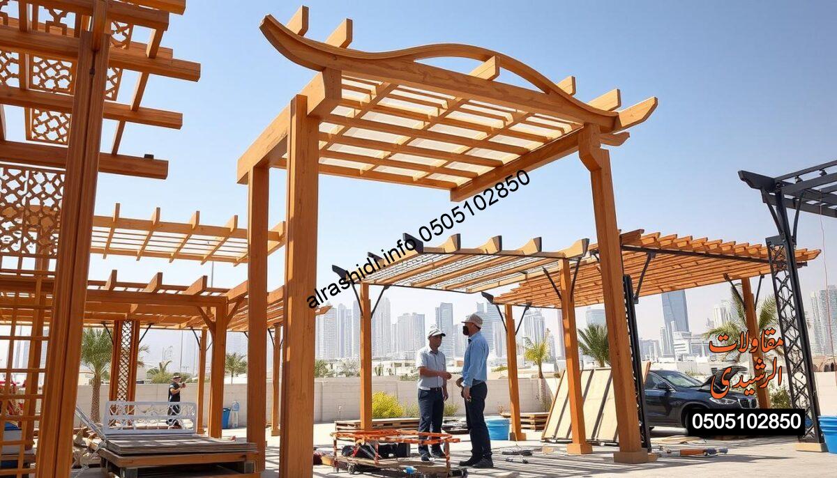 A detailed scene showcasing custom structures and pergolas designed for car shade installations in Riyadh. In the foreground, highlight a diverse array of elegantly designed pergolas made from wood and metal, featuring intricate lattice work and modern curves. In the middle ground, include workers in professional attire carefully assembling a pergola, with tools and materials scattered around them. The background should display a sunny Riyadh skyline, emphasizing the contrast between the urban environment and the shade provided by the structures. Use bright, natural lighting to enhance the colors and textures, capturing a warm and inviting atmosphere. The angle should be slightly elevated, providing a comprehensive view of the assembly process and the stylish designs of the pergolas.
