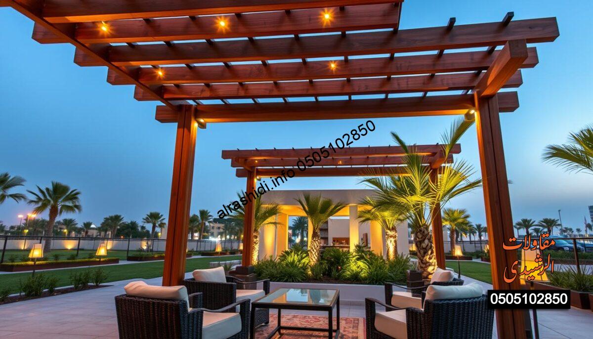A detailed view of a modern outdoor setting showcasing "شركة مظلات سواتر الرياض," emphasizing a stylish wooden pergola equipped with LED lighting. In the foreground, capture the elegant design of the pergola, with warm LED lights illuminating its structure. The middle ground features comfortable outdoor furniture, including stylish chairs and a table, creating a cozy atmosphere for gatherings. In the background, depict a serene landscape with palm trees and a clear blue sky, symbolizing the essence of Western Riyadh. The lighting should be soft and warm, evoking a welcoming mood. Use a wide-angle perspective to encompass the entire scene, inviting viewers to imagine relaxing under the pergola during a pleasant evening. Ensure the scene is professional and visually appealing, without any text or distractions.