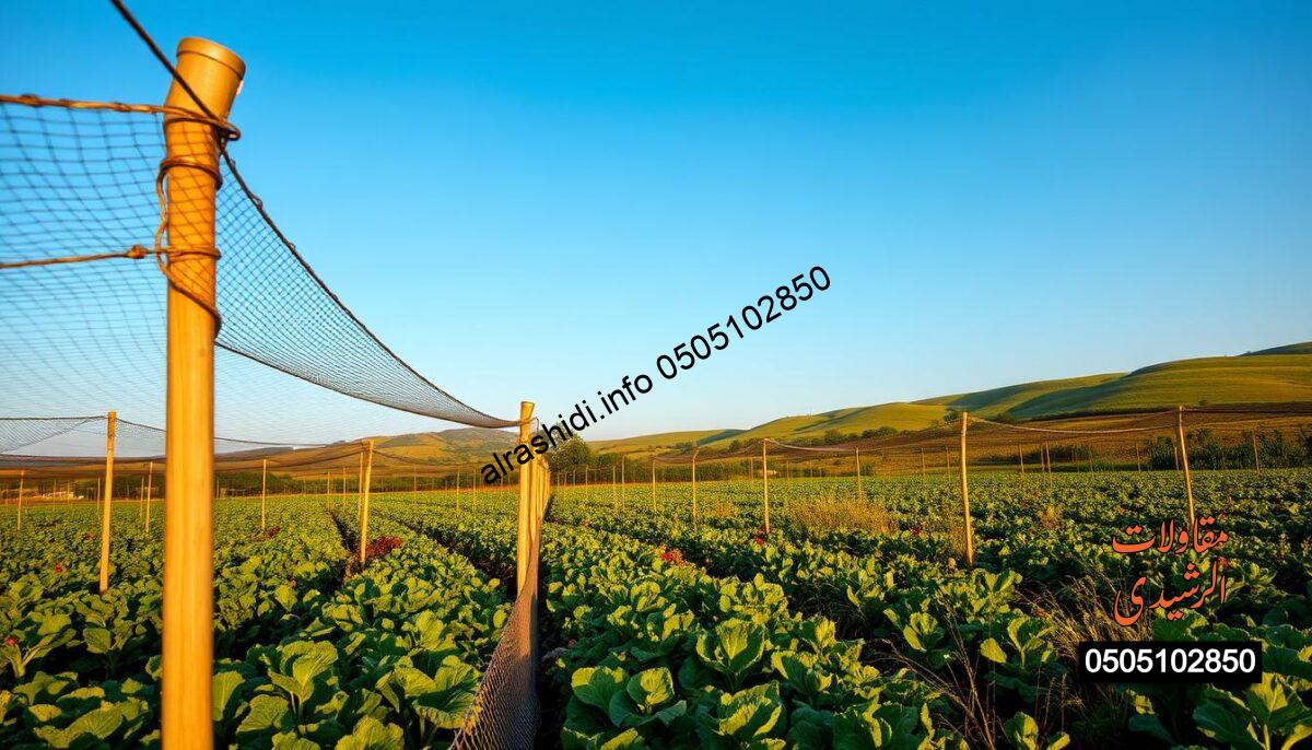 A lush green agricultural landscape under a clear blue sky, showcasing sturdy agricultural protective nets (شبوك حماية الأراضي الزراعية) installed around flourishing crops. In the foreground, a close-up view of the nets reveals fine mesh and strong posts providing support, glistening slightly in the sunlight. The middle ground features diverse crops, with vibrant colors of vegetables and grains thriving behind the protective barriers. In the background, gently rolling hills further enhance the richness of the environment. The lighting is soft and warm, suggesting late afternoon, creating an inviting and tranquil atmosphere. This scene conveys a sense of security and resilience for agricultural lands, emphasizing the importance of protection in farming. A lush green agricultural landscape under a clear blue sky, showcasing sturdy agricultural protective nets (شبوك حماية الأراضي الزراعية) installed around flourishing crops. In the foreground, a close-up view of the nets reveals fine mesh and strong posts providing support, glistening slightly in the sunlight. The middle ground features diverse crops, with vibrant colors of vegetables and grains thriving behind the protective barriers. In the background, gently rolling hills further enhance the richness of the environment. The lighting is soft and warm, suggesting late afternoon, creating an inviting and tranquil atmosphere. This scene conveys a sense of security and resilience for agricultural lands, emphasizing the importance of protection in farming.