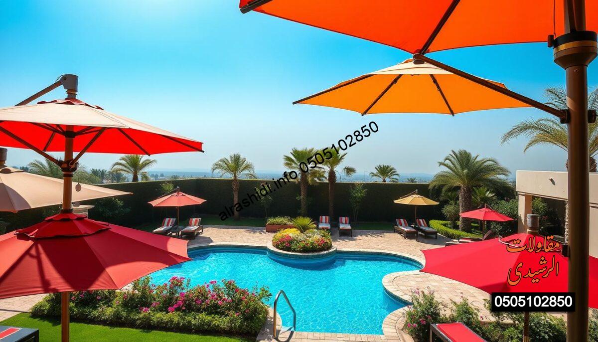 A luxurious backyard pool setting in Riyadh featuring elegant poolside umbrellas. In the foreground, showcase vibrant, colorful parasols in various shapes and sizes, providing shade and comfort. The middle ground should include a sparkling blue swimming pool surrounded by lush greenery and well-maintained flower beds, highlighting the beauty of outdoor living. In the background, depict a clear blue sky typical of Riyadh, with soft sunlight casting gentle shadows, creating a warm and inviting atmosphere. The scene should feel relaxed yet sophisticated, emphasizing the importance of pool umbrellas in enhancing outdoor spaces. Use a wide-angle perspective to capture the entirety of this serene setting, inviting viewers to imagine themselves enjoying this beautiful oasis.