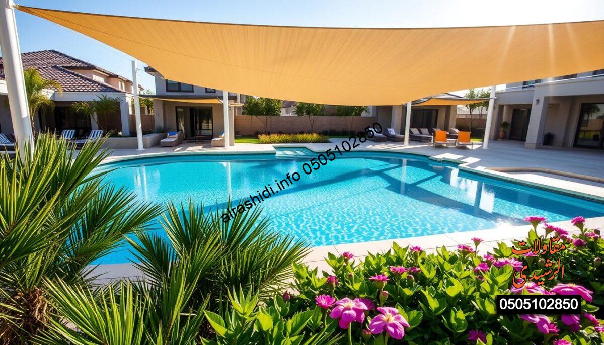 A luxurious swimming pool area in a modern residential neighborhood, featuring specialized pool canopies providing comprehensive shade and protection. In the foreground, vibrant green landscaping, including palm trees and blooming flowers, enhances the scene. The canopies are elegantly designed, showcasing a variety of colors and styles, fitting the upscale aesthetic of the neighborhood. The middle ground reveals crystal-clear water reflecting sunlight, creating a sparkling effect. In the background, contemporary homes with large windows can be seen, adding to the atmosphere of luxury. Soft, warm sunlight filters through the canopies, casting gentle shadows on the pool deck, evoking a tranquil and inviting mood. The image captures the essence of customer satisfaction and elegance.
