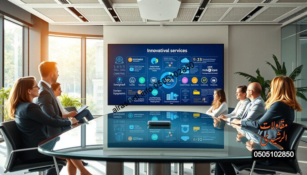 A modern and elegant office setting showcasing the exceptional service features of a company. In the foreground, a diverse group of professionals in business attire collaborates around a sleek glass conference table, engaged in a discussion about innovative services. The middle ground highlights a large digital screen displaying vibrant infographics and service icons that represent quality, speed, and customer satisfaction. The background features large windows with natural sunlight streaming in, illuminating a well-organized, contemporary office space adorned with greenery. The overall mood is bright, inviting, and inspiring, with a focus on teamwork and professionalism. Capture this scene using a soft-focus lens that enhances the warmth of the sunlight, creating a positive and engaging atmosphere. A modern and elegant office setting showcasing the exceptional service features of a company. In the foreground, a diverse group of professionals in business attire collaborates around a sleek glass conference table, engaged in a discussion about innovative services. The middle ground highlights a large digital screen displaying vibrant infographics and service icons that represent quality, speed, and customer satisfaction. The background features large windows with natural sunlight streaming in, illuminating a well-organized, contemporary office space adorned with greenery. The overall mood is bright, inviting, and inspiring, with a focus on teamwork and professionalism. Capture this scene using a soft-focus lens that enhances the warmth of the sunlight, creating a positive and engaging atmosphere.