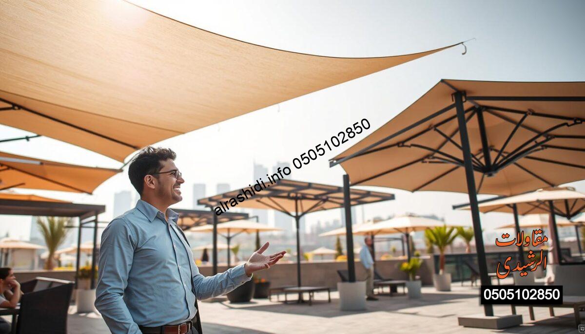 A modern and inviting outdoor scene featuring a reputable shade company in Riyadh, showcasing a variety of high-quality shade structures. In the foreground, a professional-looking salesperson in business attire is discussing options with a customer, gesturing toward a beautifully designed shade canopy. In the middle ground, several eye-catching shades are displayed, including pergolas and outdoor umbrellas, all reflecting the highest quality materials under sunlight. In the background, the Riyadh skyline can be faintly seen, blending the urban environment with the outdoor space. The lighting is bright and natural, creating a cheerful and trustworthy atmosphere, emphasizing reliability and professionalism in the shade industry. A modern and inviting outdoor scene featuring a reputable shade company in Riyadh, showcasing a variety of high-quality shade structures. In the foreground, a professional-looking salesperson in business attire is discussing options with a customer, gesturing toward a beautifully designed shade canopy. In the middle ground, several eye-catching shades are displayed, including pergolas and outdoor umbrellas, all reflecting the highest quality materials under sunlight. In the background, the Riyadh skyline can be faintly seen, blending the urban environment with the outdoor space. The lighting is bright and natural, creating a cheerful and trustworthy atmosphere, emphasizing reliability and professionalism in the shade industry.