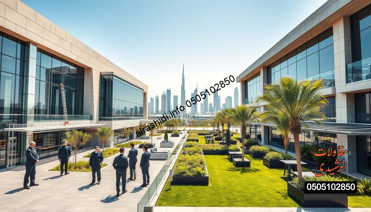 A modern architectural design in Riyadh, showcasing innovative, sleek lines with a blend of glass and concrete. In the foreground, a professional team of installers, dressed in smart business attire, demonstrating their skills on a newly constructed building. Midground includes vibrant green landscaping that compliments the contemporary structures, with carefully placed outdoor seating areas. The background features the iconic skyline of Riyadh, under a bright blue sky, illuminating the scene with natural lighting. A wide-angle perspective captures the busy atmosphere, reflecting a spirit of professionalism and sophistication, emphasizing the modern design aesthetic being offered in Riyadh. A modern architectural design in Riyadh, showcasing innovative, sleek lines with a blend of glass and concrete. In the foreground, a professional team of installers, dressed in smart business attire, demonstrating their skills on a newly constructed building. Midground includes vibrant green landscaping that compliments the contemporary structures, with carefully placed outdoor seating areas. The background features the iconic skyline of Riyadh, under a bright blue sky, illuminating the scene with natural lighting. A wide-angle perspective captures the busy atmosphere, reflecting a spirit of professionalism and sophistication, emphasizing the modern design aesthetic being offered in Riyadh.