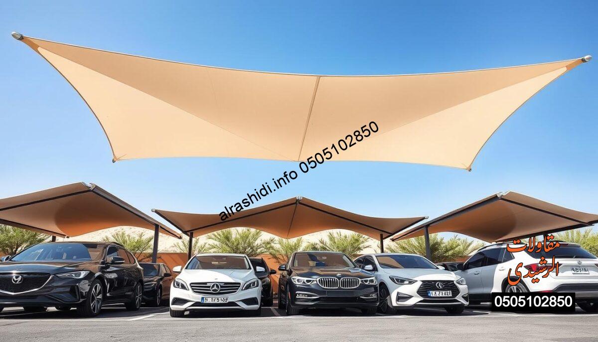 A modern car shade design in Riyadh, featuring sleek, angular structures that provide ample cover for parked vehicles. In the foreground, showcase several cars—sedans and SUVs—in professional, polished condition under the canopy. In the middle ground, highlight the innovative shade design with contemporary materials, such as durable, weather-resistant fabric and steel frames, emphasizing its ability to withstand the hot Riyadh climate. The background shows a clear blue sky typical of the region, framed by desert flora. Natural lighting creates sharp contrasts and emphasizes the modern architecture. Capture a vibrant atmosphere of practicality and style, appealing to urban drivers seeking effective sun protection. The composition should be clean and organized, with no human subjects, text, or distractions.