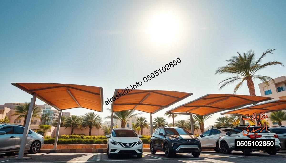 A modern design of car canopies specifically tailored for the climate of Riyadh, featuring innovative shapes and vibrant colors. In the foreground, showcase several sleek, contemporary car canopies made from durable, weather-resistant materials, providing shade for parked vehicles beneath a bright sun. In the middle ground, include a well-maintained urban setting with palm trees and hints of Saudi architecture. The background should depict a clear blue sky, emphasizing the sunny environment of Riyadh. Use soft, warm lighting to create an inviting atmosphere, with a wide-angle view that captures both the canopies and their surroundings. The mood should reflect style and functionality, appealing to potential customers looking for modern solutions to beat the heat.