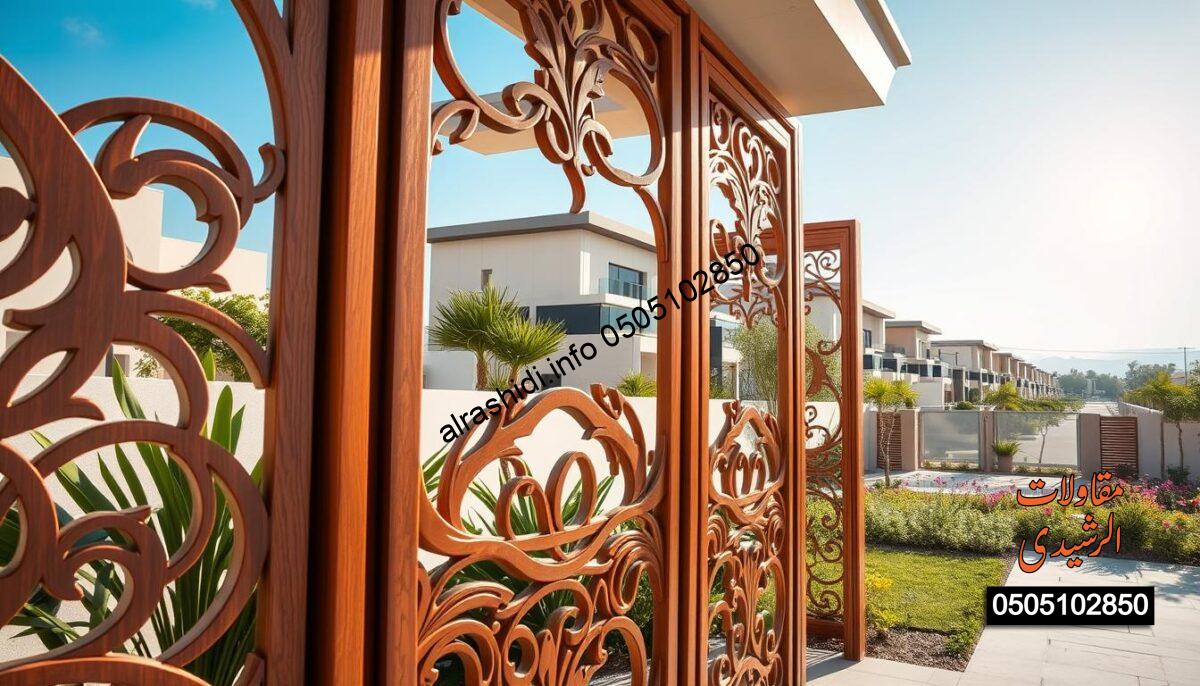 A modern, luxurious set of outdoor partitions in a stylish residential area, showcasing the latest in design for privacy in Al-Yarmouk neighborhood. In the foreground, intricately designed wooden screens with elegant curves, finished in rich tones, blend harmoniously with the surrounding landscape. The middle ground features contemporary villas with lush greenery and flowering plants, demonstrating innovative architecture suitable for the Riyadh climate. In the background, a clear blue sky and bright sunlight illuminate the scene, creating a warm, inviting atmosphere. The image captures a blend of practicality and aesthetics, emphasizing innovative design and high quality. Use a wide-angle lens to encompass both spaciousness and detail, with a focus on natural light enhancing the elegant textures of the materials. A modern, luxurious set of outdoor partitions in a stylish residential area, showcasing the latest in design for privacy in Al-Yarmouk neighborhood. In the foreground, intricately designed wooden screens with elegant curves, finished in rich tones, blend harmoniously with the surrounding landscape. The middle ground features contemporary villas with lush greenery and flowering plants, demonstrating innovative architecture suitable for the Riyadh climate. In the background, a clear blue sky and bright sunlight illuminate the scene, creating a warm, inviting atmosphere. The image captures a blend of practicality and aesthetics, emphasizing innovative design and high quality. Use a wide-angle lens to encompass both spaciousness and detail, with a focus on natural light enhancing the elegant textures of the materials.