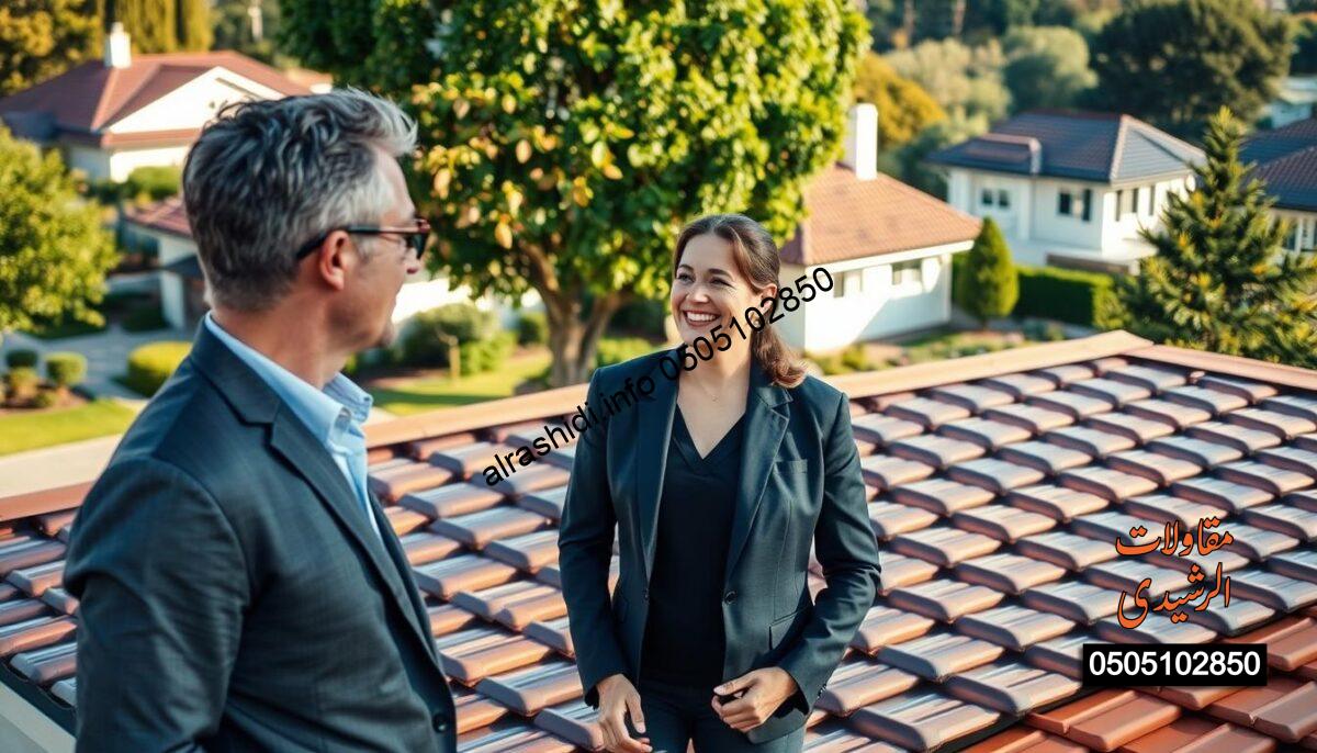 A modern outdoor scene showcasing a beautiful colored metal tile roof installation on an elegant villa in a tranquil neighborhood. In the foreground, display a professional consultant, dressed in smart business attire, engaging with a client, who is happily discussing options for a free consultation. In the middle ground, highlight the vibrant and textured metal tiles reflecting sunlight, emphasizing their durability and aesthetic appeal. The background features lush greenery and well-maintained houses, creating a friendly community atmosphere. The scene is illuminated by soft afternoon sunlight, casting warm tones and gentle shadows, evoking a sense of trust and professionalism. Focus on creating a welcoming and inviting mood.