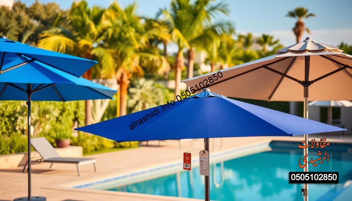 A modern outdoor swimming pool area in a residential setting featuring various stylish pool umbrellas of different designs and colors. In the foreground, showcase two or three elegant and sturdy umbrellas, one in a vibrant blue and another in a muted taupe, both providing shade over poolside lounge chairs. In the middle ground, subtly display a few price tags attached to the umbrellas, indicating competitive pricing. The background includes a peaceful garden with lush greenery, palm trees, and a clear blue sky, creating a tranquil atmosphere. Soft, warm lighting enhances the inviting and cheerful mood, shot with a slightly elevated angle to capture the overall layout of the area and the umbrellas in detail.