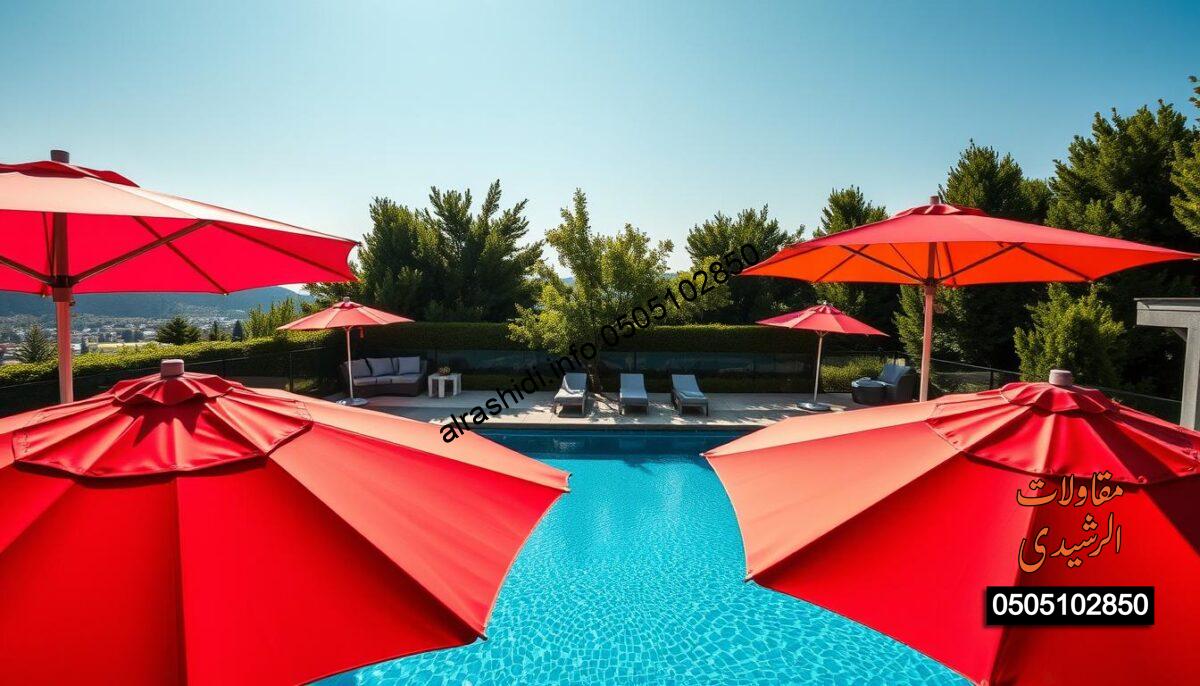 A modern swimming pool area featuring stylish, contemporary pool umbrellas designed for full protection against the sun. In the foreground, vibrant, sleek umbrellas in various colors, showcasing their elegant structures and unique patterns, stand at strategic points around a pristine swimming pool. The middle ground highlights a well-maintained pool with crystal-clear water, reflecting the sunny sky. In the background, lush greenery and elegant landscaping create a serene atmosphere, enhancing the luxurious feel of the setting. The lighting is bright and inviting, with sunlight casting soft shadows on the deck. The image captures a tranquil and sophisticated vibe, ideal for showcasing the benefits of our pool umbrellas. The perspective is slightly elevated to encompass the entire scene in an appealing angle.