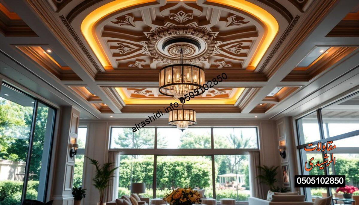 A modern villa ceiling design prominently featuring intricate architectural patterns and luxurious materials, showcasing a stylish and sophisticated aesthetic. In the foreground, highlight a beautifully crafted ceiling with elegant moldings and upscale lighting fixtures that cast a warm, inviting glow. The middle layer reveals a spacious, sunlit living area adorned with plush furniture and large windows offering views of lush greenery. In the background, glimpses of a beautifully landscaped garden can be seen, enhancing the serene atmosphere. The scene is illuminated by soft, natural light streaming through the windows, creating a harmonious balance between elegance and comfort. The overall mood is one of modern luxury and tranquility, ideal for inspiring contemporary villa designs.