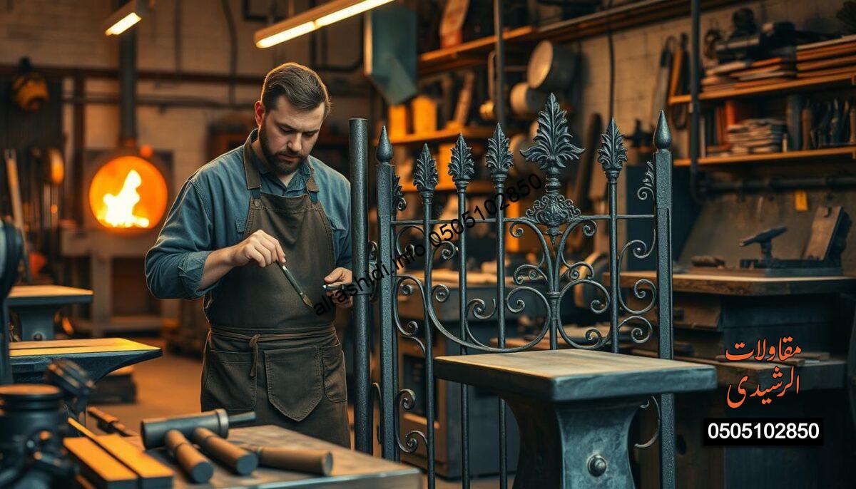 A professional blacksmith workshop scene showcasing artistic metalwork services. In the foreground, a skilled craftsman in a sturdy apron is working on a detailed metal gate design, highlighting intricate patterns and textures. Mid-ground features an assortment of high-quality metal tools, including hammers, anvils, and welded pieces, all meticulously arranged. The background displays a well-organized workshop filled with machinery, glowing forge, and ambient warm lighting casting soft shadows, creating a cozy yet industrious vibe. The atmosphere is one of craftsmanship and dedication, capturing the essence of artistic metal services. The scene is captured from a slightly elevated angle, providing a layered perspective of the workshop's creativity and productivity.