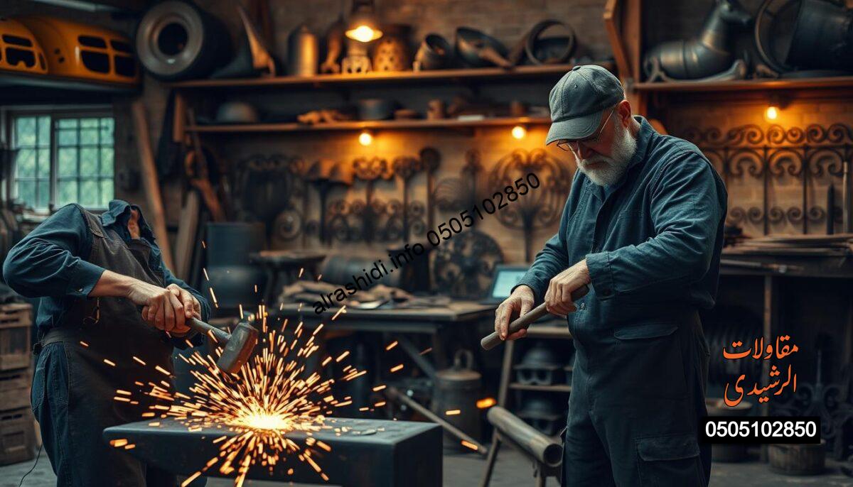 A professional blacksmith workshop showcasing skilled craftsmen at work. In the foreground, a blacksmith in professional attire carefully shapes a piece of metal using a hammer and anvil, with sparks flying around. The middle ground features various tools of the trade, such as chisels, tongs, and a forge, conveying the artisanal aspect of metalworking. In the background, warm ambient lighting illuminates a rustic workshop filled with shelves of finished metal products, including car shades and intricate ironworks. The scene evokes a sense of craftsmanship and dedication, with shadows adding depth and a cozy atmosphere. The overall mood is industrious and creative, focusing on the skill and artistry involved in metal fabrication.