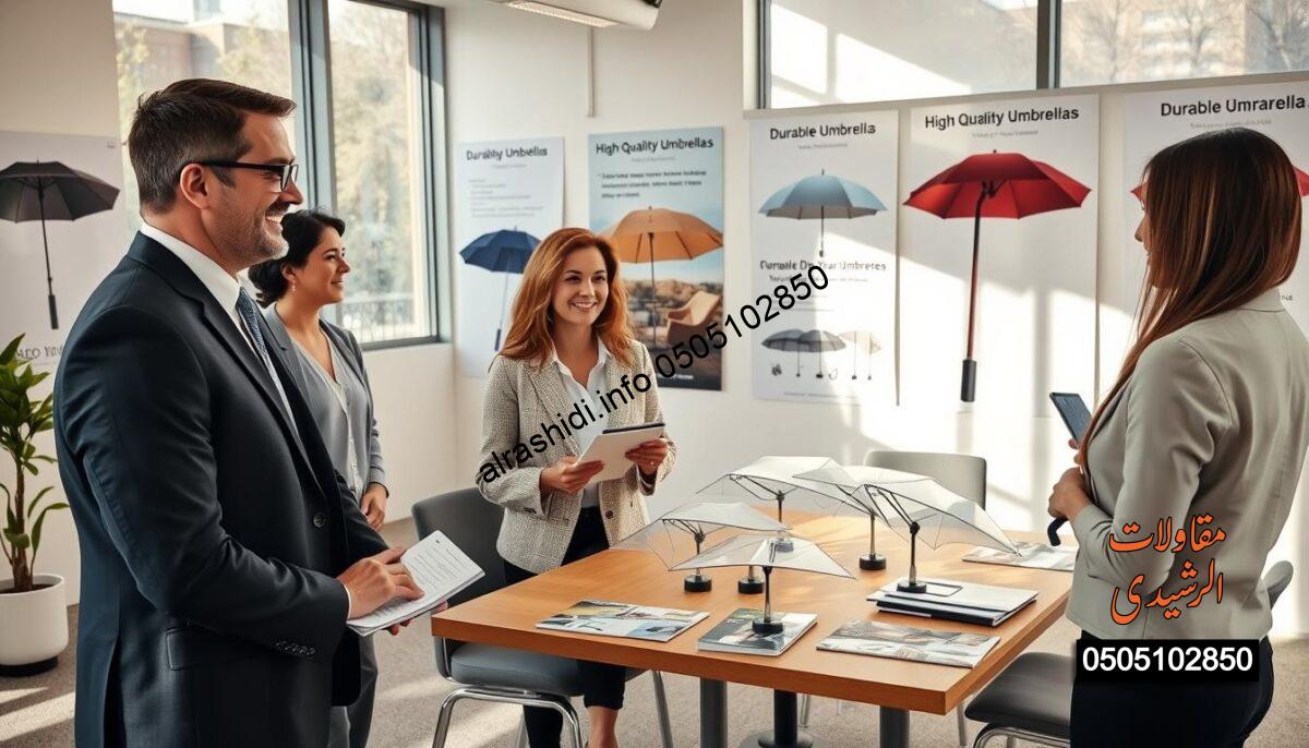 A professional consultation scene showcasing a diverse team of experts in business attire engaging with clients. In the foreground, a friendly male consultant with glasses, and a female consultant with a notepad, are discussing a design plan for high-quality umbrellas. The middle ground features a modern office environment with a conference table covered in various umbrella models and brochures. Natural light floods the room through large windows, casting soft shadows and creating an inviting atmosphere. In the background, posters of durable umbrellas with a 10-year guarantee are displayed on the walls. The overall mood is professional and welcoming, emphasizing the theme of personalized consultation and expertise in umbrella design. A professional consultation scene showcasing a diverse team of experts in business attire engaging with clients. In the foreground, a friendly male consultant with glasses, and a female consultant with a notepad, are discussing a design plan for high-quality umbrellas. The middle ground features a modern office environment with a conference table covered in various umbrella models and brochures. Natural light floods the room through large windows, casting soft shadows and creating an inviting atmosphere. In the background, posters of durable umbrellas with a 10-year guarantee are displayed on the walls. The overall mood is professional and welcoming, emphasizing the theme of personalized consultation and expertise in umbrella design.