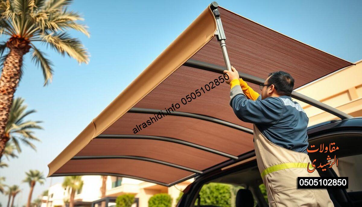A professional installation scene of car canopies in Riyadh, featuring a skilled technician installing a spacious and sturdy car shade structure. In the foreground, show the technician, dressed in smart work attire, carefully setting up the frame with tools on a sunny day. In the middle, depict the partially assembled canopy, showcasing fabric choices, such as waterproof polyester in vibrant colors, and detailed elements like adjustable poles and supports. The background should illustrate a residential area in Riyadh, with clear skies and a hint of palm trees, suggesting a warm, sunny atmosphere. Use soft, natural lighting to enhance the inviting mood, focusing on the procedure and the materials involved in the installation.