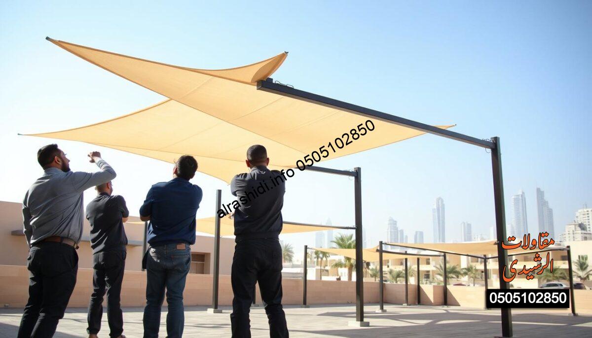 A professional installation scene of fabric shade structures in Riyadh, featuring skilled workers in smart casual attire meticulously assembling high-quality shade canopies. In the foreground, the workers are actively engaged in attaching the fabric to sturdy frames, showcasing attention to detail. The middle ground reveals several completed shade structures providing excellent coverage over outdoor spaces, like homes or parks, emphasizing their practicality. The background includes a clear blue sky and a modern Riyadh cityscape, reflecting the uniqueness of the southern region. The lighting is soft and warm, creating an inviting atmosphere. The overall mood exudes professionalism, showcasing quality craftsmanship and reliability in shade installation.