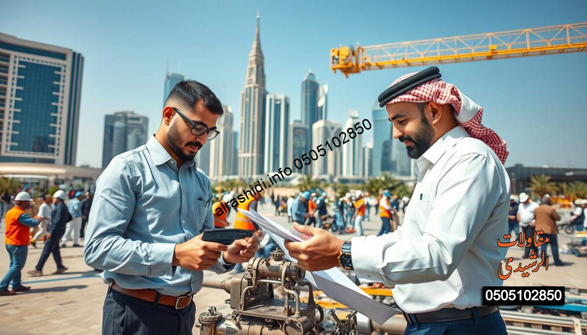 A professional installation team working diligently in a bustling urban setting in Riyadh. In the foreground, two men in professional business attire are assembling intricate equipment, showcasing their teamwork and expertise. One team member is holding a tool while the other checks a blueprint. In the middle ground, a diverse group of workers engages in various tasks, all demonstrating commitment and precision. The background features a modern Riyadh skyline with iconic buildings under a clear, blue sky, giving a vibrant feel of the city. The lighting is bright and natural, simulating mid-morning sunshine. The atmosphere is one of collaboration and professionalism, highlighting the expertise of the installation team. A professional installation team working diligently in a bustling urban setting in Riyadh. In the foreground, two men in professional business attire are assembling intricate equipment, showcasing their teamwork and expertise. One team member is holding a tool while the other checks a blueprint. In the middle ground, a diverse group of workers engages in various tasks, all demonstrating commitment and precision. The background features a modern Riyadh skyline with iconic buildings under a clear, blue sky, giving a vibrant feel of the city. The lighting is bright and natural, simulating mid-morning sunshine. The atmosphere is one of collaboration and professionalism, highlighting the expertise of the installation team.