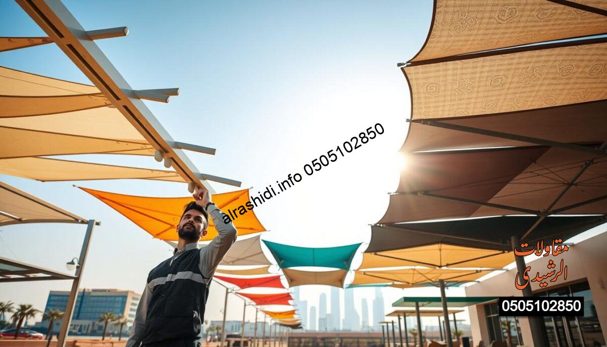 A professional outdoor scene showcasing a stunning array of custom-designed shade structures in Riyadh, featuring elegant canopies in various modern styles that reflect the latest trends of 2026. In the foreground, a skilled technician wearing a neat uniform inspects a vibrant, stylish canopy meticulously crafted from quality materials. The middle ground reveals a selection of colorful, contemporary shades with intricate designs, ideal for residential and commercial spaces. The background shows a bright Saudi Arabian skyline under a clear blue sky, emphasizing the innovative spirit of the city. Soft sunlight bathes the scene, creating a warm, inviting atmosphere that highlights the beauty of the shade structures. The image conveys reliability, professionalism, and creativity without any text or watermarks.