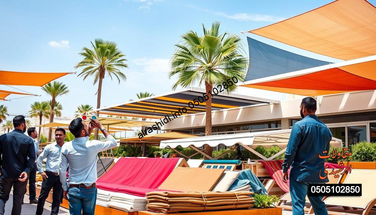 A professional setting showcasing a shade installation company in Riyadh. In the foreground, a group of workers in smart, casual clothing are installing colorful fabric awnings and shade structures, emphasizing attention to detail and teamwork. The middle layer features various types of shade options, including cloth canopies and modern sunshades, arranged in an organized display, reflecting a range of designs suitable for outdoor projects. The background showcases a sunny Riyadh skyline with palm trees and blue skies, creating an inviting atmosphere. Soft, natural lighting highlights the vibrant colors of the fabrics. Capture the mood of innovation and expertise in outdoor shading solutions.