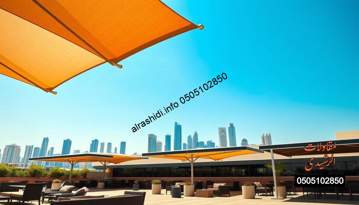 A professional showcase of successful previous projects featuring high-quality, durable canopies in Riyadh. In the foreground, highlight a well-designed outdoor space with sleek, modern canopies providing shade over stylish seating arrangements. The middle layer includes a variety of canopies demonstrating different color options and designs, all flawlessly installed to enhance the space. The background showcases a bright Riyadh skyline under a clear blue sky, highlighting the urban atmosphere. The lighting is warm and inviting, simulating a sunny day, captured with a slightly wide-angle lens to include the entirety of the setting. The mood conveys professionalism and excellence in service, reflecting a commitment to quality and customer satisfaction without any text or branding. A professional showcase of successful previous projects featuring high-quality, durable canopies in Riyadh. In the foreground, highlight a well-designed outdoor space with sleek, modern canopies providing shade over stylish seating arrangements. The middle layer includes a variety of canopies demonstrating different color options and designs, all flawlessly installed to enhance the space. The background showcases a bright Riyadh skyline under a clear blue sky, highlighting the urban atmosphere. The lighting is warm and inviting, simulating a sunny day, captured with a slightly wide-angle lens to include the entirety of the setting. The mood conveys professionalism and excellence in service, reflecting a commitment to quality and customer satisfaction without any text or branding.