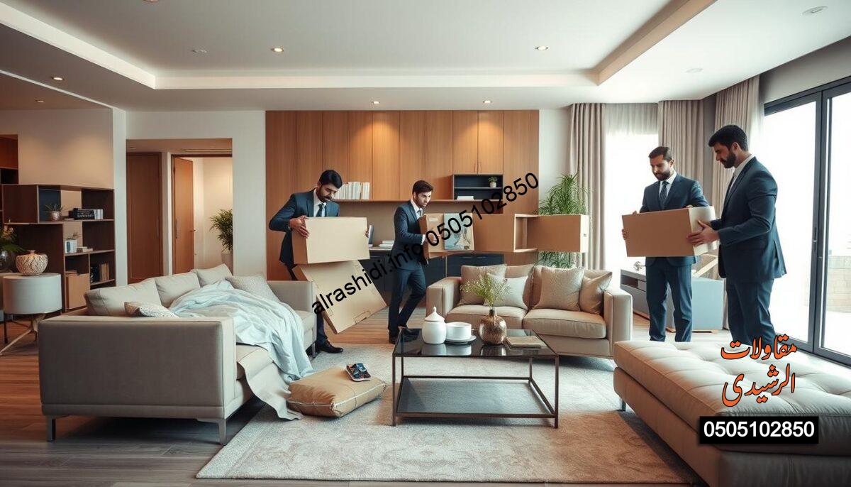 A professional team installing furniture in a modern, stylish residential living room in Riyadh. In the foreground, a diverse group of three team members, dressed in smart business attire, efficiently unpacking and assembling various pieces of furniture, such as a sleek sofa, elegant coffee table, and decorative shelves. The middle ground features the beautifully arranged living room, showcasing warm, inviting colors and contemporary decor. In the background, large windows allow natural light to flood the space, creating a bright and welcoming atmosphere. The overall mood is one of professionalism and expertise, emphasizing the smooth workflow of the furniture installation process. Capture this scene with a wide-angle lens to convey depth and detail, ensuring the focus remains on the installation team and the finished furnishings. A professional team installing furniture in a modern, stylish residential living room in Riyadh. In the foreground, a diverse group of three team members, dressed in smart business attire, efficiently unpacking and assembling various pieces of furniture, such as a sleek sofa, elegant coffee table, and decorative shelves. The middle ground features the beautifully arranged living room, showcasing warm, inviting colors and contemporary decor. In the background, large windows allow natural light to flood the space, creating a bright and welcoming atmosphere. The overall mood is one of professionalism and expertise, emphasizing the smooth workflow of the furniture installation process. Capture this scene with a wide-angle lens to convey depth and detail, ensuring the focus remains on the installation team and the finished furnishings.