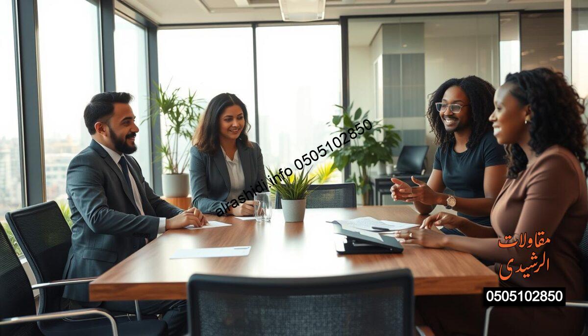 A professional teamwork scene showcasing a diverse group of four individuals engaged in a discussion around a conference table. The foreground features a young Arab man in a smart suit, a South Asian woman wearing a professional blouse, a Caucasian man in a tailored jacket, and an African American woman in a business dress. They are all focused and animated, exchanging ideas with expressions of collaboration. The middle ground includes a modern office decorated with subtle plants and warm lighting, enhancing the inviting atmosphere. The background features a large window revealing a cityscape, bathed in soft afternoon sunlight. The image is captured from a slight overhead angle, creating a sense of depth and engagement in a professional setting, highlighting teamwork and professionalism.