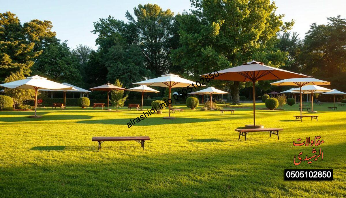 A serene garden setting featuring a variety of beautifully designed polycarbonate (Lexan) shade canopies, illustrating types of garden umbrellas suitable for schools and universities. In the foreground, showcase elegant, multi-colored canopies casting soft shadows on well-manicured grass. In the middle ground, include several different styles and shapes of canopies, with some rustic wooden benches beneath them. The background should feature lush green trees and a clear blue sky to enhance the tranquil mood of the setting. Use warm, natural lighting to create an inviting atmosphere, with a slight golden hour glow. The perspective should be from a slightly elevated angle, capturing the entire scene while ensuring no text or watermarks are present. A serene garden setting featuring a variety of beautifully designed polycarbonate (Lexan) shade canopies, illustrating types of garden umbrellas suitable for schools and universities. In the foreground, showcase elegant, multi-colored canopies casting soft shadows on well-manicured grass. In the middle ground, include several different styles and shapes of canopies, with some rustic wooden benches beneath them. The background should feature lush green trees and a clear blue sky to enhance the tranquil mood of the setting. Use warm, natural lighting to create an inviting atmosphere, with a slight golden hour glow. The perspective should be from a slightly elevated angle, capturing the entire scene while ensuring no text or watermarks are present.