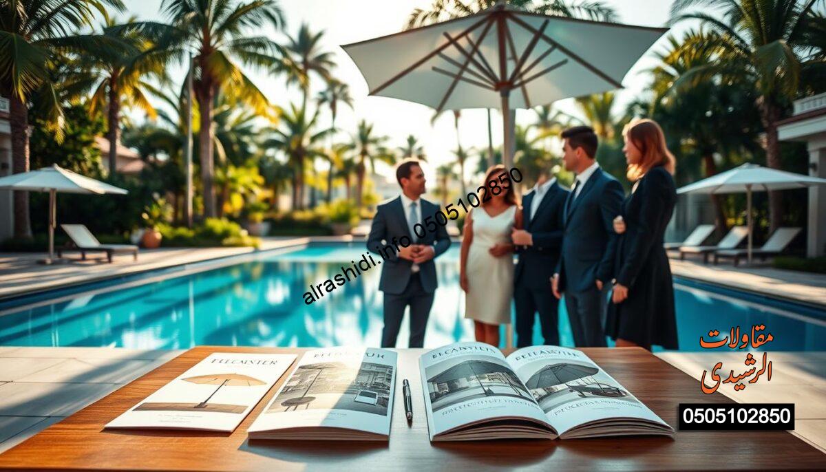 A serene outdoor pool setting in a beautiful residential area, showcasing elegant pool umbrellas designed for protection against the sun. In the foreground, a polished wooden table displays brochures with images of the various umbrella styles available for consultation. In the middle, a friendly professional consultant, dressed in smart business attire, is discussing options with a couple who appear engaged and interested. The background features a luxurious pool surrounded by lush greenery and tall palm trees, creating a tranquil atmosphere. Soft afternoon sunlight filters through the trees, casting gentle shadows on the ground. The overall mood is inviting and professional, highlighting the theme of free consultations for pool umbrella solutions.