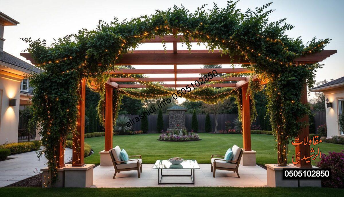 A serene outdoor scene showcasing a beautifully constructed pergola in a luxurious garden setting, reflecting modern architectural design. In the foreground, the pergola features elegant wooden beams draped with lush greenery and ambient fairy lights, creating a cozy atmosphere. The middle ground includes tastefully arranged patio furniture, such as stylish chairs and a glass table, inviting relaxation. In the background, a well-manicured lawn with vibrant flowers and decorative shrubs enhances the aesthetic appeal. The soft, warm lighting of the golden hour bathes the scene, setting a tranquil mood. This picturesque setup illustrates the swift and efficient project completion, emphasizing quality and elegance in outdoor space design.