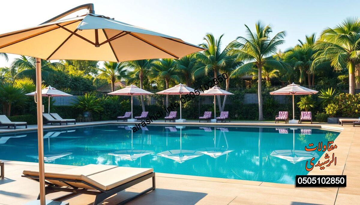 A serene outdoor swimming pool area adorned with various types of pool umbrellas, showcasing modern and stylish designs. In the foreground, a large, elegant cantilever umbrella in a neutral color provides ample shade over a luxurious pool lounger. In the middle, several traditional two-post umbrellas with vibrant patterns offer a pop of color and charm, creating an inviting atmosphere. In the background, lush greenery and palm trees encircle the pool, enhancing the tropical vibe. The scene is illuminated by soft, warm sunlight, casting gentle shadows on the pool deck. The overall mood is relaxing and refreshing, perfect for a summer day by the pool. The focus is on the innovative designs of the pool umbrellas, emphasizing protection and aesthetics without any text or distractions.
