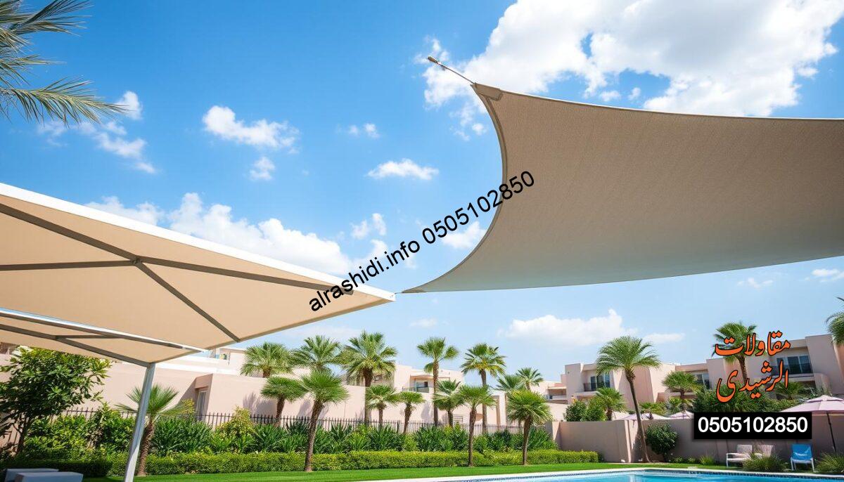 A serene poolside scene in the residential neighborhood of Al-Wadi, showcasing elegant pool canopies designed for maximum protection and style. In the foreground, sturdy and visually appealing canopies, featuring modern designs in various colors, provide shade over a crystal-clear swimming pool. The middle ground includes lush greenery and well-maintained lawns, enhancing the tranquil atmosphere. To the background, a clear blue sky dotted with soft clouds adds to the peaceful vibe. The lighting is bright and inviting, resembling a sunlit afternoon. The angle captures a slight aerial view, emphasizing the space's design and layout. The overall mood is relaxing and sophisticated, reflecting the quality and professionalism of the pool shading solutions offered for homes in the area.