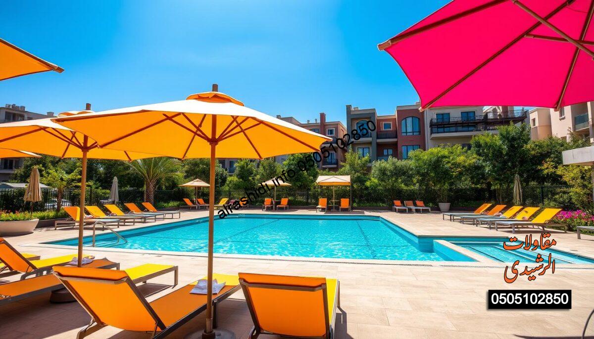 A serene view of a modern pool area in حي الوادي, showcasing stylish and colorful pool umbrellas providing ample shade. In the foreground, vibrant lounge chairs are arranged under the umbrellas, inviting relaxation. The middle ground features a glistening swimming pool reflecting the bright blue sky, surrounded by lush greenery and flowers, enhancing the scene’s liveliness. In the background, elegant residential buildings of حي الوادي can be seen, creating a warm neighborhood atmosphere. The lighting is bright, suggesting a sunny afternoon, with soft shadows cast by the umbrellas. The overall mood is tranquil and inviting, emphasizing the importance of shade solutions for pool areas.