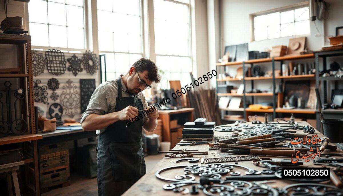 A skilled artisan in a modern workshop, focusing on artistic metalwork, creating intricate iron designs. In the foreground, the artisan, dressed in a professional apron and protective eyewear, carefully shapes a decorative wrought iron piece with precision tools. The middle ground features a workbench cluttered with various metal tools and artistic samples, showcasing different designs and patterns. Bright, natural light streams in from large windows, illuminating the workspace and creating a warm atmosphere. In the background, shelves displaying completed projects and raw materials lend a sense of creativity and craftsmanship. The overall mood is one of artistry and dedication to the craft, highlighting the diverse services offered in artistic blacksmithing. A skilled artisan in a modern workshop, focusing on artistic metalwork, creating intricate iron designs. In the foreground, the artisan, dressed in a professional apron and protective eyewear, carefully shapes a decorative wrought iron piece with precision tools. The middle ground features a workbench cluttered with various metal tools and artistic samples, showcasing different designs and patterns. Bright, natural light streams in from large windows, illuminating the workspace and creating a warm atmosphere. In the background, shelves displaying completed projects and raw materials lend a sense of creativity and craftsmanship. The overall mood is one of artistry and dedication to the craft, highlighting the diverse services offered in artistic blacksmithing.