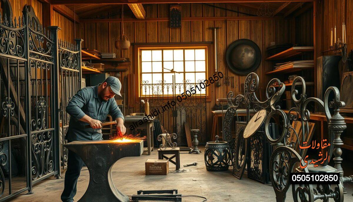 A skilled blacksmith workshop showcasing stunning metal art pieces, featuring intricately designed wrought iron gates and sculptures. In the foreground, a focused blacksmith in professional attire hammers glowing metal on an anvil, surrounded by tools and molten metal sparks. The midground includes various artistic creations, like decorative railings and abstract metal artwork, each with unique textures and finishes, reflecting the craftsmanship. In the background, a large window allows warm, natural sunlight to stream in, illuminating the workspace filled with rustic wooden shelves and an organized display of metal materials. The atmosphere is industrious yet artistic, highlighting the blend of tradition and creativity in metalwork. A skilled blacksmith workshop showcasing stunning metal art pieces, featuring intricately designed wrought iron gates and sculptures. In the foreground, a focused blacksmith in professional attire hammers glowing metal on an anvil, surrounded by tools and molten metal sparks. The midground includes various artistic creations, like decorative railings and abstract metal artwork, each with unique textures and finishes, reflecting the craftsmanship. In the background, a large window allows warm, natural sunlight to stream in, illuminating the workspace filled with rustic wooden shelves and an organized display of metal materials. The atmosphere is industrious yet artistic, highlighting the blend of tradition and creativity in metalwork.