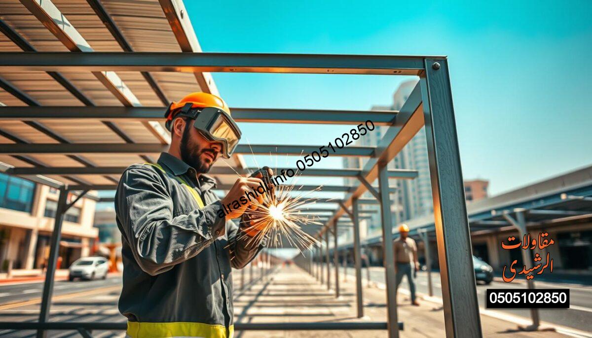 A skilled craftsman performing professional metal work under the bright sun in Riyadh, showcasing a metal carport installation. In the foreground, the craftsman, dressed in a fitted work shirt and safety gear, is welding the sturdy metal frame of a carport. In the middle ground, partially assembled carport structures stand ready for installation, gleaming with fresh steel. The background features the bustling streets of Riyadh with modern buildings and clear blue skies, emphasizing an atmosphere of professionalism and efficiency. The lighting is vibrant, highlighting the details of the metalwork and the determination on the craftsman's face. The angle captures both the action and the environment, radiating a sense of reliability and innovation in construction.