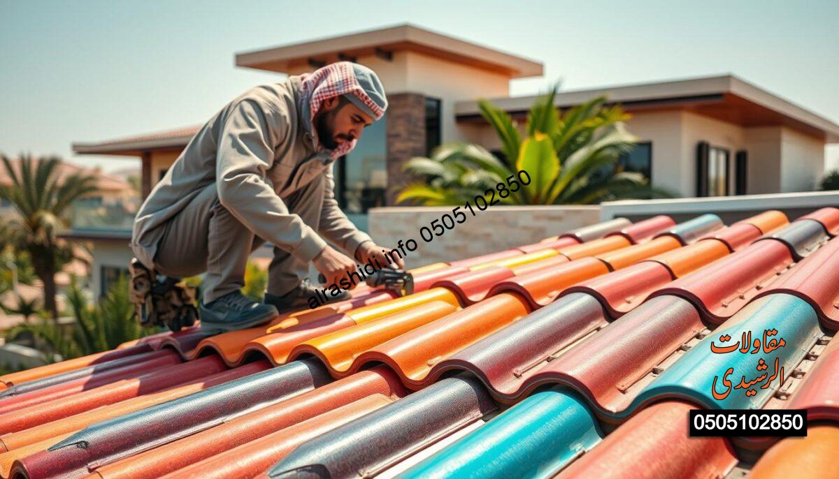A skilled professional installing colorful metal tiles on a villa roof in the southern region of Riyadh. The scene captures the meticulous details of the tile installation, with a focus on a worker in modest, professional attire using high-quality tools. In the foreground, the vibrant colored tiles are neatly arranged, showcasing various hues that reflect the sunlight. The middle ground features the villa, designed in a contemporary architectural style, with lush greenery surrounding it. In the background, the clear blue sky enhances the atmosphere of a sunny day, casting soft shadows and highlighting the craftsmanship. The overall mood conveys professionalism and quality service, making it an ideal representation of roofing services.