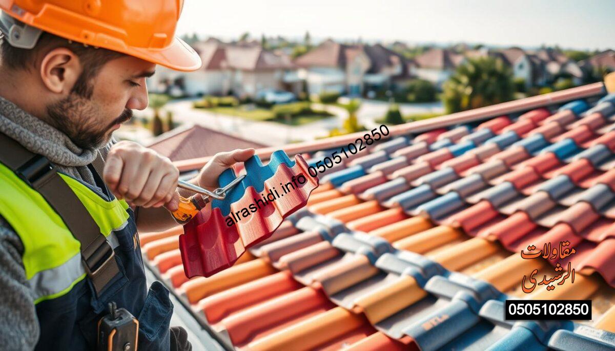 A skilled technician carefully performing maintenance on colorful metal roof tiles, showcasing their intricate details. In the foreground, the technician, dressed in professional work attire, inspects a vibrant red and blue tile, holding tools essential for repair. The middle ground features a partially installed metal roof with various tile colors, highlighting the craftsmanship and variety. The background displays a serene suburban environment with well-maintained villas, hinting at the installation’s impact. Soft, natural lighting casts gentle shadows, enhancing the textures of the tiles and creating a focused, professional atmosphere. The image emphasizes the theme of maintenance and care for metal roofing, reflecting its durability and aesthetic appeal.