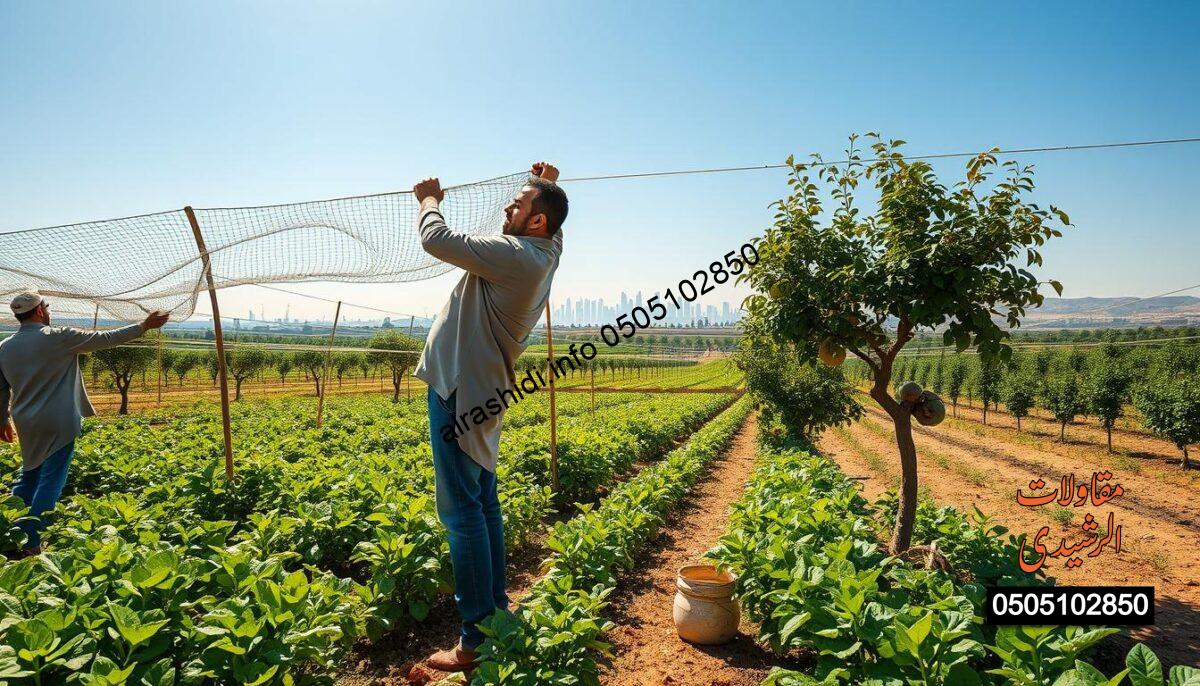 A sprawling farm in the outskirts of Riyadh, showcasing various agricultural nets (شبوك) being expertly installed. In the foreground, a team of two professionals dressed in modest casual clothing meticulously positions the sturdy nets around a thriving garden filled with lush green plants. The middle ground features the vibrant agricultural landscape dotted with sun-kissed fruit trees and cultivated fields, under the bright, clear blue sky. The background displays the distant silhouette of Riyadh’s skyline, emphasizing the integration of modernity and agriculture. The scene is illuminated by warm sunlight, casting soft shadows that highlight the robust materials and competitive price tags visibly placed on the nets. Capture this inviting atmosphere that reflects safety, durability, and the essence of farming in the region. A sprawling farm in the outskirts of Riyadh, showcasing various agricultural nets (شبوك) being expertly installed. In the foreground, a team of two professionals dressed in modest casual clothing meticulously positions the sturdy nets around a thriving garden filled with lush green plants. The middle ground features the vibrant agricultural landscape dotted with sun-kissed fruit trees and cultivated fields, under the bright, clear blue sky. The background displays the distant silhouette of Riyadh’s skyline, emphasizing the integration of modernity and agriculture. The scene is illuminated by warm sunlight, casting soft shadows that highlight the robust materials and competitive price tags visibly placed on the nets. Capture this inviting atmosphere that reflects safety, durability, and the essence of farming in the region.