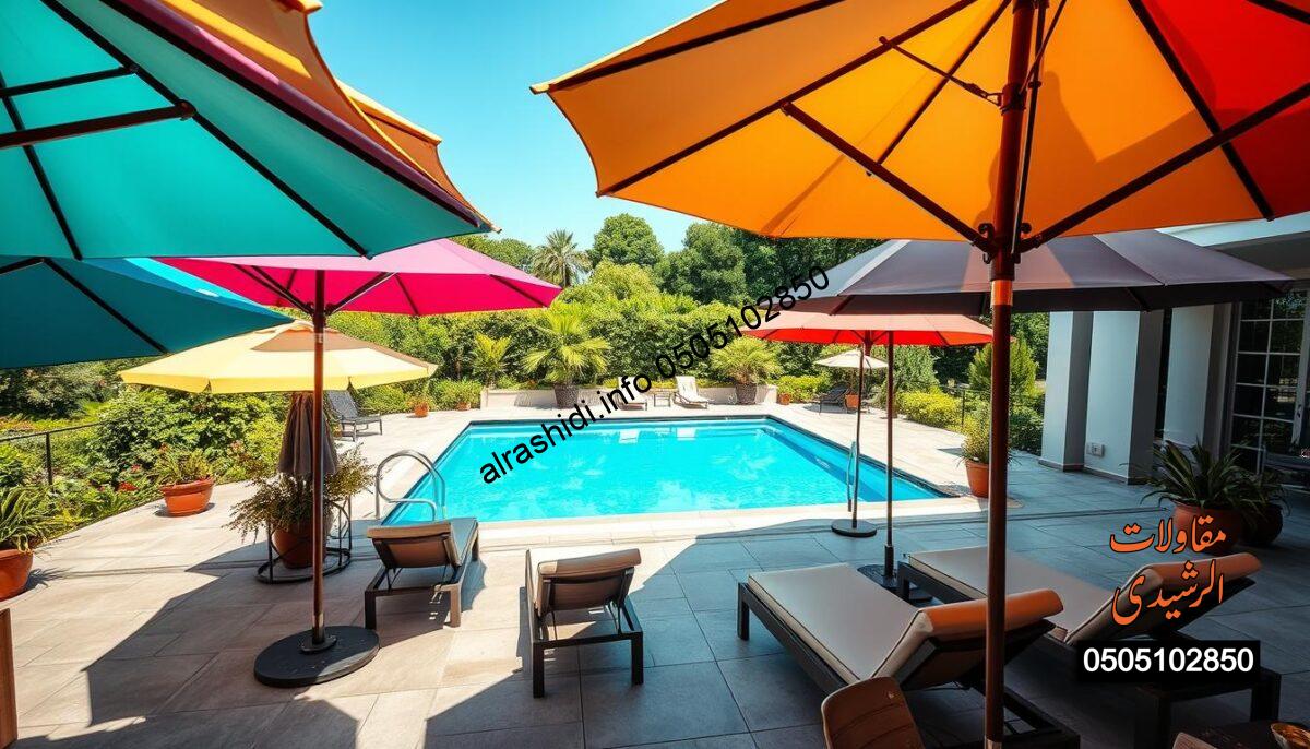 A stylish outdoor poolside setting showcasing an array of elegant pool umbrellas in various colors and designs. In the foreground, vibrant and colorful umbrellas are opened wide, casting charming shadows on the patio. The middle ground features plush lounge chairs and a pristine blue swimming pool, reflecting sunlight. Lush greenery and potted plants create a serene atmosphere in the background, hinting at a striking garden landscape. Soft, warm lighting enhances the scene, capturing a tranquil summer day. The angle should be slightly elevated to provide a comprehensive view of the pool area, evoking a sense of relaxation and luxury. The overall mood should feel inviting and refreshing, ideal for a summer retreat.
