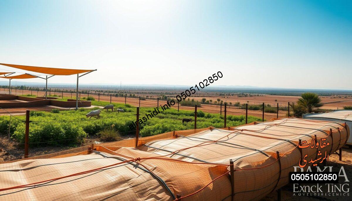 A sustainable farming network on the outskirts of Riyadh, showcasing durable and safe farm enclosures. In the foreground, a variety of eco-friendly materials are prominently displayed, including biodegradable fencing and shaded areas created with natural elements. The middle ground features well-constructed farm enclosures surrounded by vibrant greenery, with a few farm animals grazing peacefully. In the background, the vast expanse of the Riyadh landscape can be seen under a clear blue sky, with soft sunlight filtering through. The scene conveys a sense of harmony between nature and sustainable practices, with a warm and inviting atmosphere. Captured with a wide-angle lens to emphasize the layout and eco-friendly aspects, ensuring clear and balanced lighting throughout the image. A sustainable farming network on the outskirts of Riyadh, showcasing durable and safe farm enclosures. In the foreground, a variety of eco-friendly materials are prominently displayed, including biodegradable fencing and shaded areas created with natural elements. The middle ground features well-constructed farm enclosures surrounded by vibrant greenery, with a few farm animals grazing peacefully. In the background, the vast expanse of the Riyadh landscape can be seen under a clear blue sky, with soft sunlight filtering through. The scene conveys a sense of harmony between nature and sustainable practices, with a warm and inviting atmosphere. Captured with a wide-angle lens to emphasize the layout and eco-friendly aspects, ensuring clear and balanced lighting throughout the image.