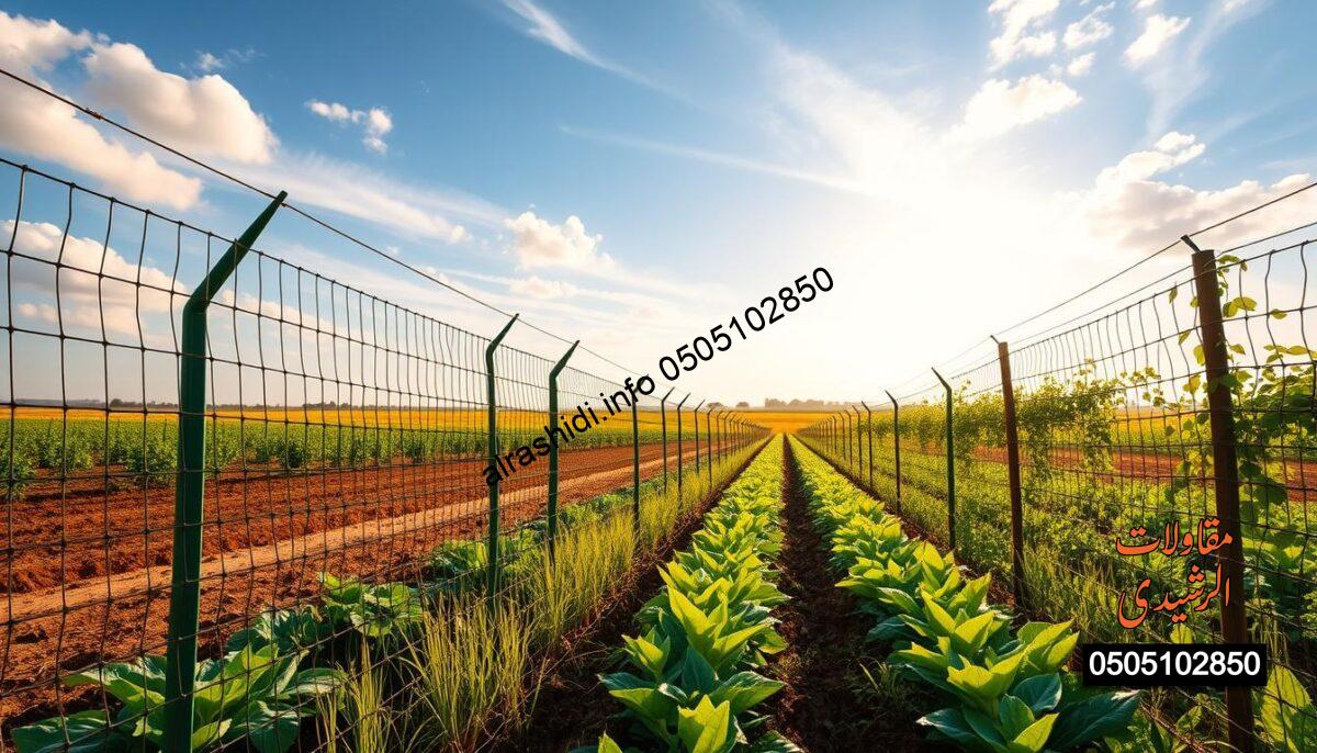 A vibrant agricultural landscape showcasing various types of agricultural fencing ("شبوك زراعية") used in modern farming. In the foreground, illustrate sturdy, green mesh fencing enclosing a field, providing protection against wildlife. The middle ground features rows of lush crops sprouting beside the fencing, demonstrating the benefits of using fencing in agriculture. In the background, capture a clear blue sky with soft, white clouds, illuminating the scene with warm sunlight, enhancing the natural colors of the crops and fencing. The perspective should be slightly elevated, offering a panoramic view of the farming area, evoking a sense of innovation and sustainability in modern agriculture. Emphasize a peaceful, productive atmosphere. A vibrant agricultural landscape showcasing various types of agricultural fencing ("شبوك زراعية") used in modern farming. In the foreground, illustrate sturdy, green mesh fencing enclosing a field, providing protection against wildlife. The middle ground features rows of lush crops sprouting beside the fencing, demonstrating the benefits of using fencing in agriculture. In the background, capture a clear blue sky with soft, white clouds, illuminating the scene with warm sunlight, enhancing the natural colors of the crops and fencing. The perspective should be slightly elevated, offering a panoramic view of the farming area, evoking a sense of innovation and sustainability in modern agriculture. Emphasize a peaceful, productive atmosphere.
