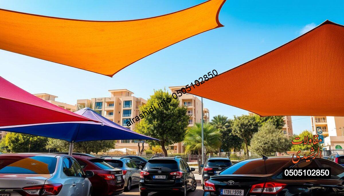 A vibrant cityscape of Riyadh, focusing on car shades in the neighborhoods of Sulaymaniyah and Al-Muqarr, showcasing distinctive conical car canopies. In the foreground, various vehicles are parked under colorful, fabric-covered structures that offer protection from the intense sun. The middle ground features residential buildings characteristic of the area, with lush greenery peeking out to soften the urban environment. The background captures a clear blue sky, symbolizing the harsh climate of Riyadh, casting sharp shadows. The scene is bathed in warm sunlight, accentuating the textures of the car shades and providing a dynamic play of light and shadow. Capture the essence of practicality and aesthetic appeal in this architectural feature, illustrating the impact of the climate on car shading solutions. A vibrant cityscape of Riyadh, focusing on car shades in the neighborhoods of Sulaymaniyah and Al-Muqarr, showcasing distinctive conical car canopies. In the foreground, various vehicles are parked under colorful, fabric-covered structures that offer protection from the intense sun. The middle ground features residential buildings characteristic of the area, with lush greenery peeking out to soften the urban environment. The background captures a clear blue sky, symbolizing the harsh climate of Riyadh, casting sharp shadows. The scene is bathed in warm sunlight, accentuating the textures of the car shades and providing a dynamic play of light and shadow. Capture the essence of practicality and aesthetic appeal in this architectural feature, illustrating the impact of the climate on car shading solutions.