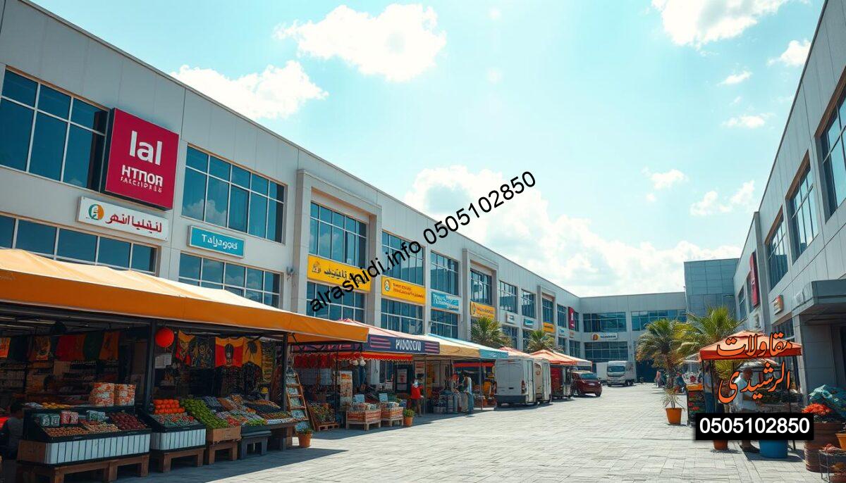 A vibrant depiction of "هناجر حي الشرق," showcasing a bustling area with several modern warehouses. In the foreground, include a well-organized marketplace with vendors displaying various goods, such as fresh produce and local crafts, emphasizing accessibility and community interaction. The middle ground features contemporary warehouse structures with large windows, sleek architecture, and vibrant signage indicating different services available. The background reveals a clear blue sky with soft clouds, hinting at a sunny day, which creates an inviting atmosphere. The lighting is bright and sunny, casting gentle shadows to add depth. Capture this scene with a wide-angle lens to encompass the lively environment of حي الشرق while keeping the focus on the professional and service-oriented nature of the area. A vibrant depiction of "هناجر حي الشرق," showcasing a bustling area with several modern warehouses. In the foreground, include a well-organized marketplace with vendors displaying various goods, such as fresh produce and local crafts, emphasizing accessibility and community interaction. The middle ground features contemporary warehouse structures with large windows, sleek architecture, and vibrant signage indicating different services available. The background reveals a clear blue sky with soft clouds, hinting at a sunny day, which creates an inviting atmosphere. The lighting is bright and sunny, casting gentle shadows to add depth. Capture this scene with a wide-angle lens to encompass the lively environment of حي الشرق while keeping the focus on the professional and service-oriented nature of the area.