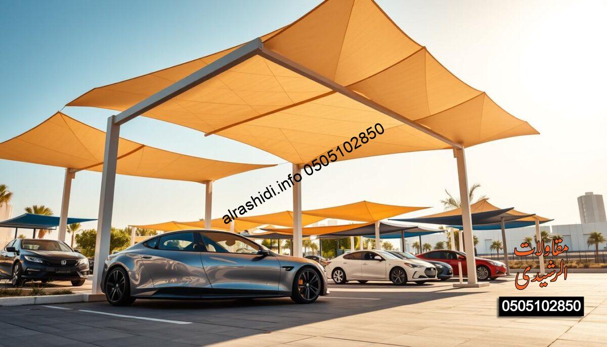 A vibrant display of car shade structures in Riyadh, showcasing various styles and colors. In the foreground, highlight a sleek, modern car parked under a large, elegant carport, with geometric designs that provide ample protection from the sun. The middle ground features multiple shade structures in diverse designs, emphasizing affordability and variety. In the background, depict a bright blue sky and the urban landscape of Riyadh, with a hint of greenery to soften the scene. Use warm, bright lighting to create a welcoming atmosphere that conveys savings and competitive pricing. The angle should be slightly elevated, capturing both the beauty of the shades and the overall setting, radiating a sense of professionalism and quality.