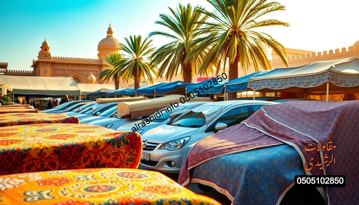 A vibrant outdoor scene featuring a variety of colorful fabric car canopies, elegantly displayed in a sunny marketplace in Riyadh. In the foreground, showcase a selection of canopies in different shapes and sizes, with intricate patterns and textures, catching the light. The middle ground can include samples of the canopies set up over parked cars, highlighting their protective qualities. In the background, elements of traditional architecture and palm trees evoke the local landscape. Use warm, bright lighting to create an inviting atmosphere, with a shallow depth of field to emphasize the canopies. Capture the essence of quality and affordability, invoking a sense of practicality and style for car owners. Overall, the scene conveys a lively market ambiance suitable for showcasing these products.