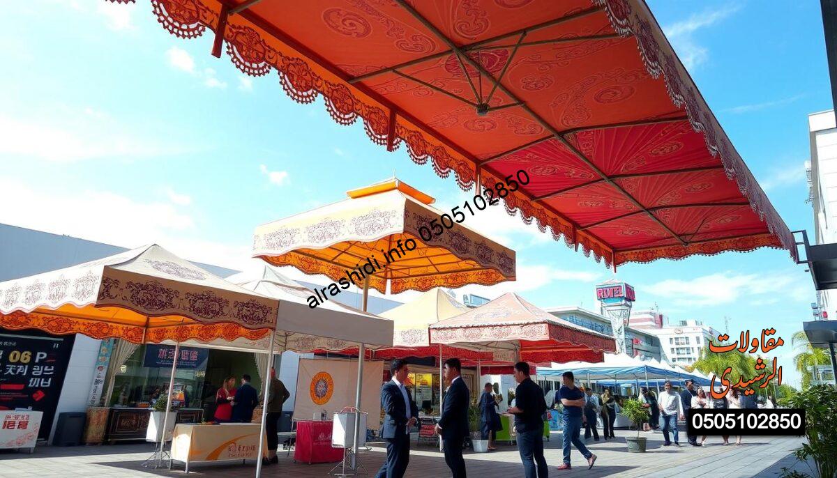 A vibrant outdoor scene showcasing various types of canopies ("مظلات") in a commercial setting. In the foreground, a range of decorative, colorful canopies are elegantly displayed, including folding, pop-up, and retractable designs. Each canopy features unique patterns and colors, designed for diverse purposes such as outdoor events, markets, and sun protection. The middle ground captures a bustling street in a modern urban area, with people dressed in professional business attire interacting under the canopies, giving a sense of functionality and style. The background shows a clear blue sky with soft, natural lighting casting gentle shadows, emphasizing the textures of the canopies. The overall atmosphere feels lively and inviting, promoting a sense of community and professionalism. A vibrant outdoor scene showcasing various types of canopies ("مظلات") in a commercial setting. In the foreground, a range of decorative, colorful canopies are elegantly displayed, including folding, pop-up, and retractable designs. Each canopy features unique patterns and colors, designed for diverse purposes such as outdoor events, markets, and sun protection. The middle ground captures a bustling street in a modern urban area, with people dressed in professional business attire interacting under the canopies, giving a sense of functionality and style. The background shows a clear blue sky with soft, natural lighting casting gentle shadows, emphasizing the textures of the canopies. The overall atmosphere feels lively and inviting, promoting a sense of community and professionalism.